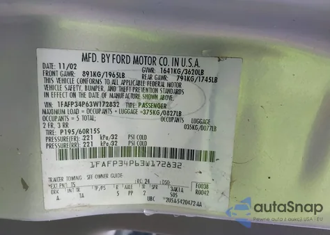 2003 Ford Focus Se from USA, damaged, VIN 1FAFP34P63W172832